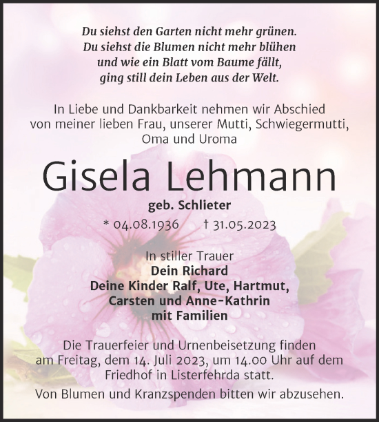 Traueranzeige von Gisela Lehmann von Trauerkombi Wittenberg