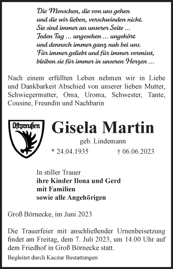 Traueranzeige von Gisela Martin von Volksstimme Staßfurt
