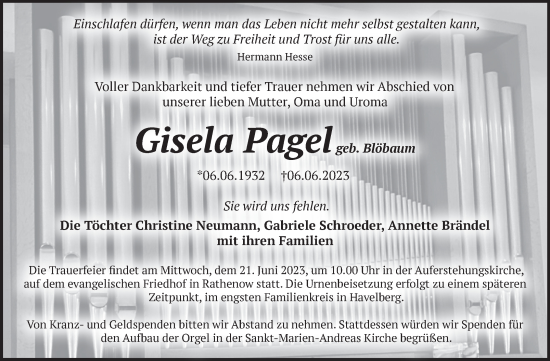 Traueranzeige von Gisela Pagel von Volksstimme Altmark Ost