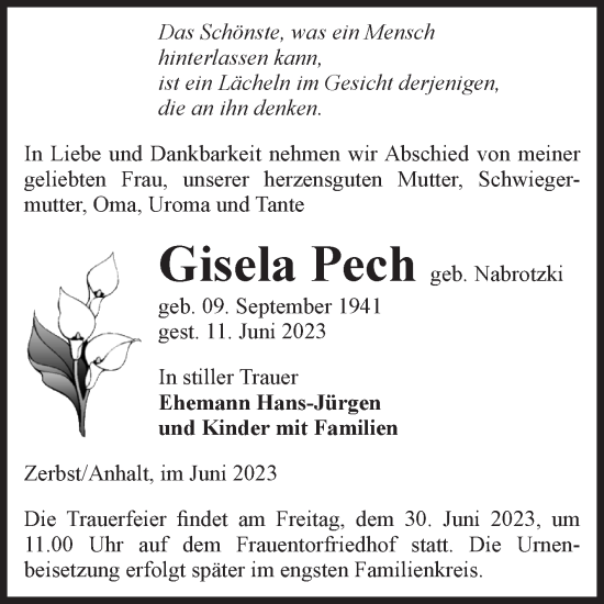Traueranzeige von Gisela Pech von Volksstimme Zerbst
