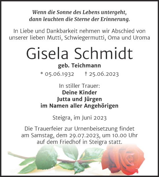 Traueranzeige von Gisela Schmidt von Trauerkombi Merseburg