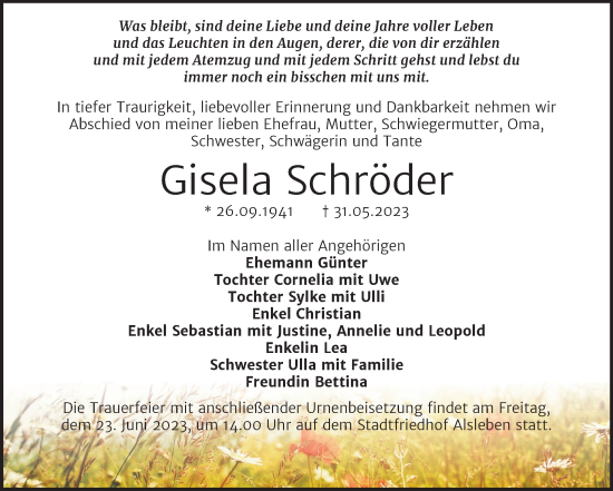 Traueranzeige von Gisela Schröder von Trauerkombi Bernburg