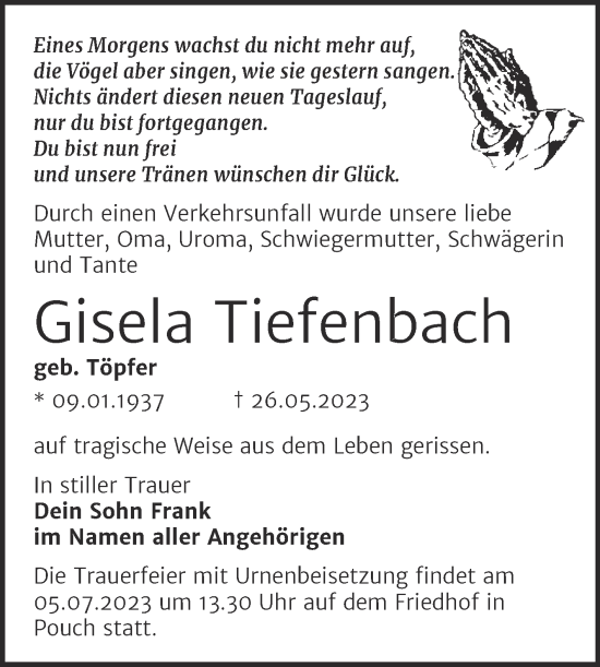 Traueranzeige von Gisela Tiefenbach von Trauerkombi Bitterfeld