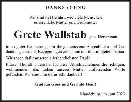 Traueranzeige von Grete Wallstab von Volksstimme Magdeburg