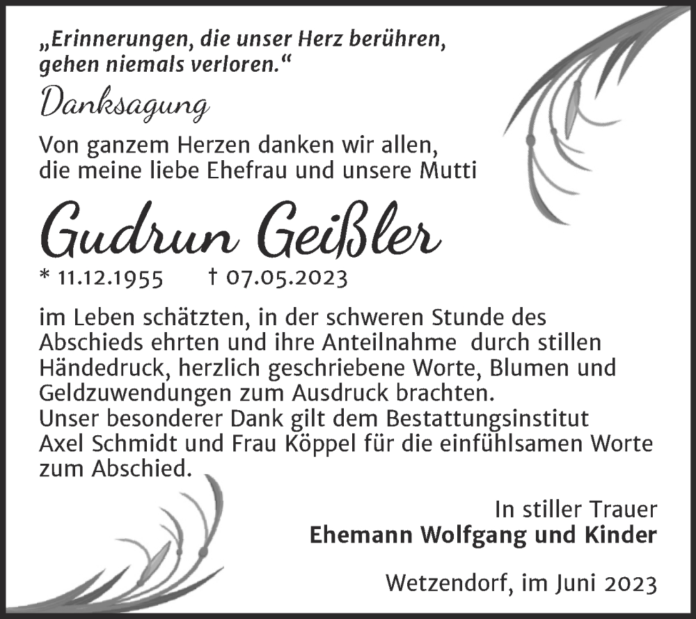  Traueranzeige für Gudrun Geißler vom 14.06.2023 aus Wochenspiegel Naumburg/Nebra