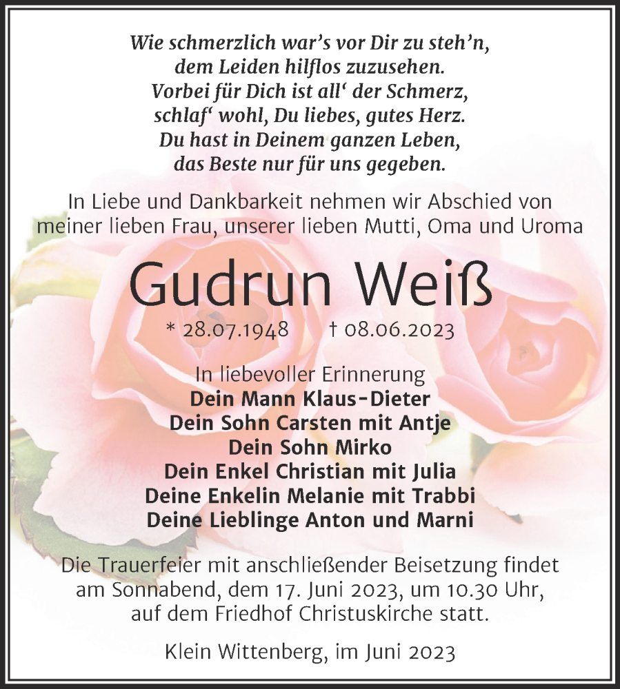  Traueranzeige für Gudrun Weiß vom 14.06.2023 aus Trauerkombi Wittenberg