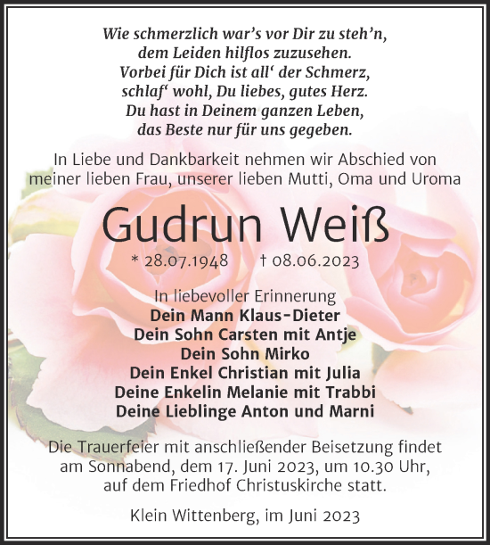 Traueranzeige von Gudrun Weiß von Trauerkombi Wittenberg