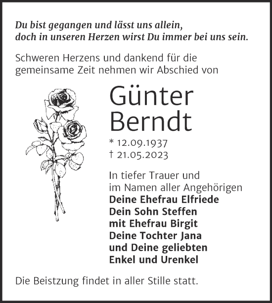 Traueranzeige von Günter Berndt von Trauerkombi Wittenberg