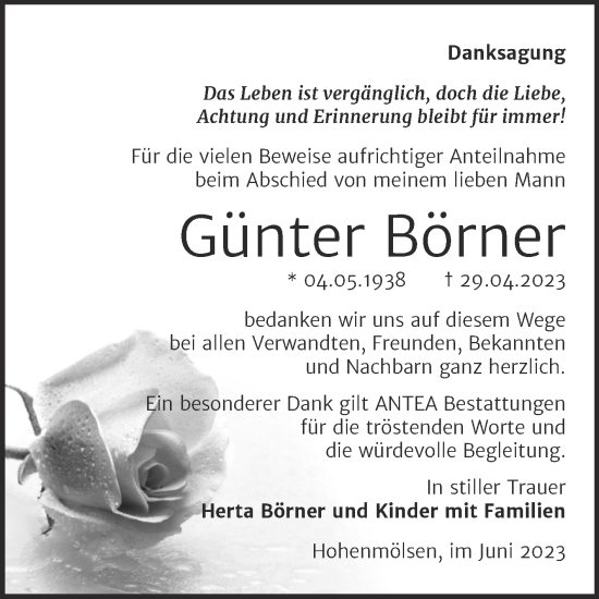 Traueranzeige von Günter Börner von Trauerkombi Weißenfels