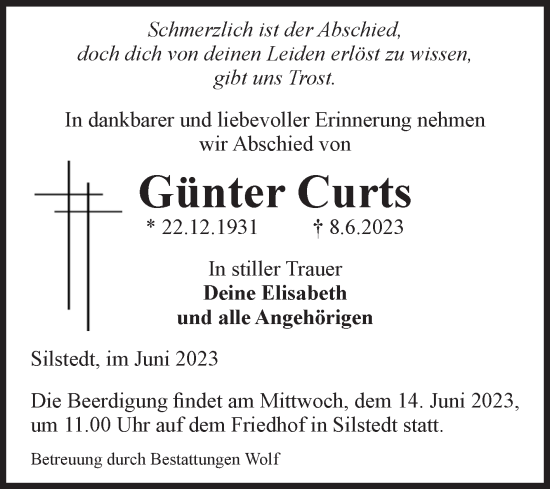 Traueranzeige von Günter Curts von Volksstimme Wernigerode
