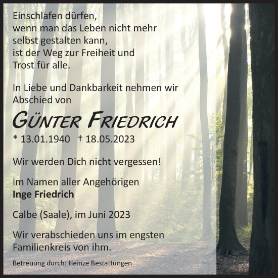 Traueranzeige von Günter Friedrich von Volksstimme Schönebeck