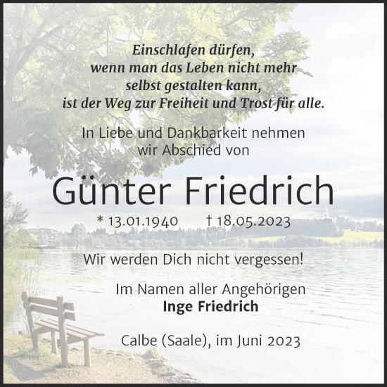 Traueranzeige von Günter Friedrich von Trauerkombi Bernburg