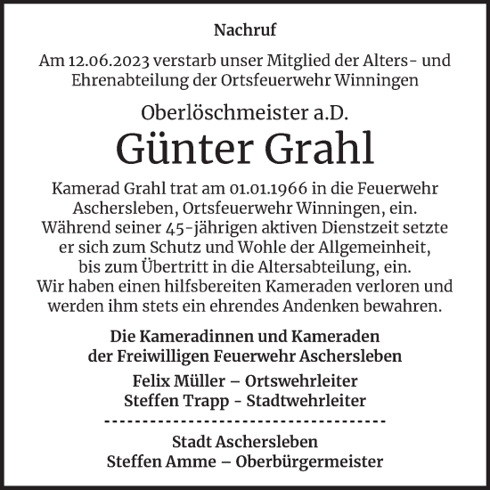Traueranzeige von Günter Grahl von Wochenspiegel Aschersleben