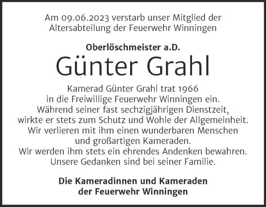 Traueranzeige von Günter Grahl von Super Sonntag Aschersleben