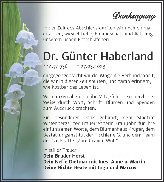 Traueranzeige von Günter Haberland von Trauerkombi Wittenberg