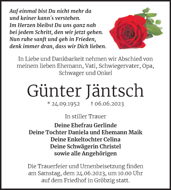 Traueranzeige von Günter Jäntsch von Trauerkombi Köthen