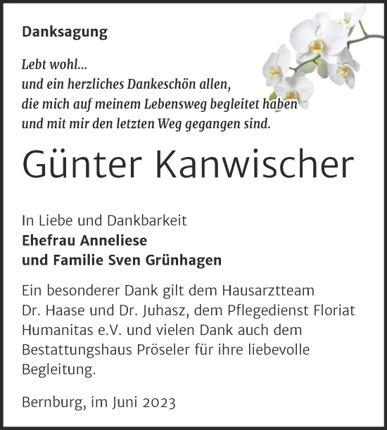 Traueranzeige von Günter Kanwischer von Trauerkombi Bernburg