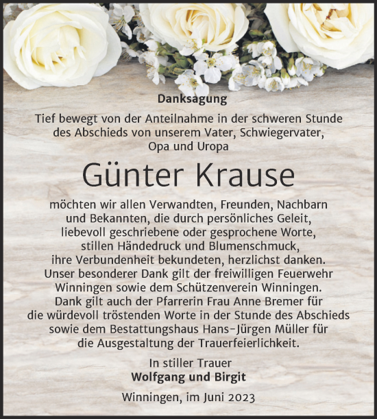 Traueranzeige von Günter Krause von Trauerkombi Aschersleben