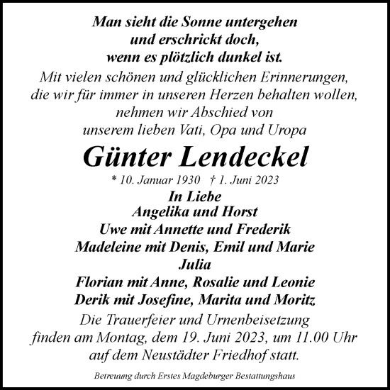 Traueranzeige von Günter Lendeckel von Volksstimme Magdeburg