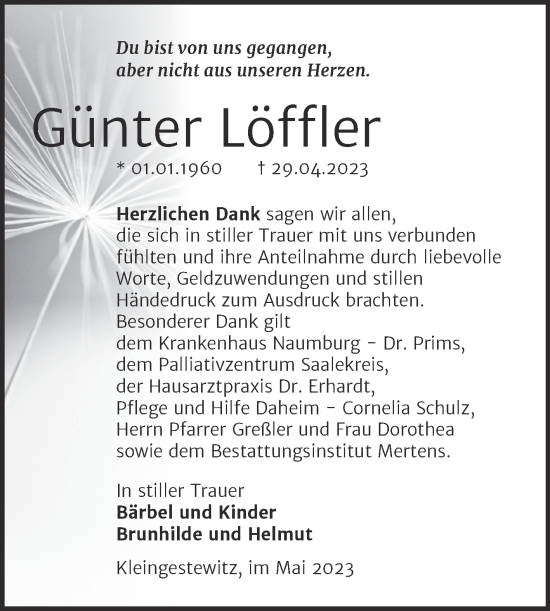 Traueranzeige von Günter Löffler von Naumburger Tageblatt