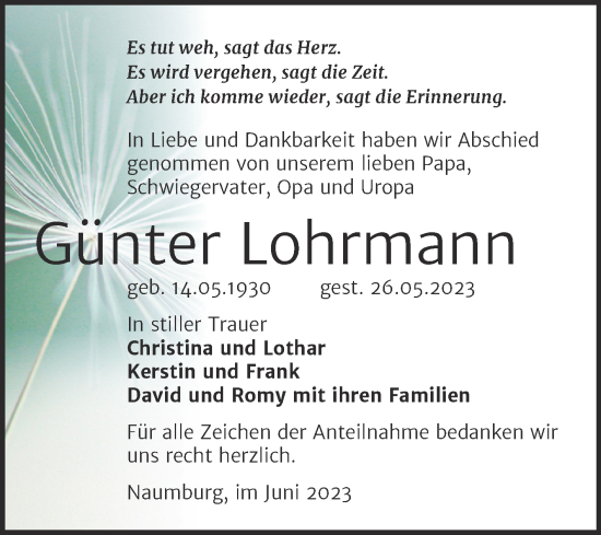 Traueranzeige von Günter Lohrmann von Naumburger Tageblatt