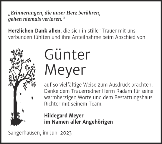 Traueranzeige von Günter Meyer von Trauerkombi Sangerhausen