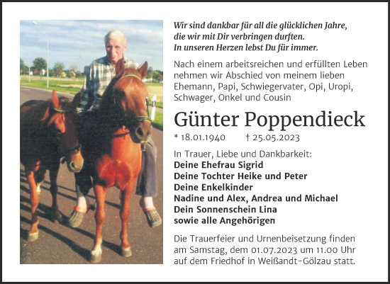 Traueranzeige von Günter Poppendieck von Trauerkombi Köthen