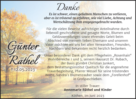 Traueranzeige von Günter Räthel von Trauerkombi Köthen