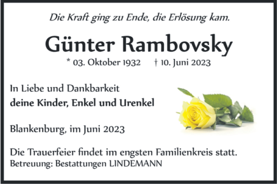Traueranzeige von Günter Rambovsky von Volksstimme Wernigerode