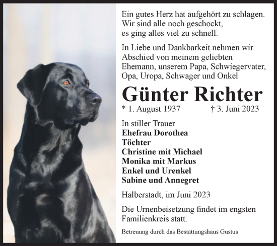 Traueranzeige von Günter Richter von Volksstimme Halberstadt
