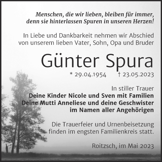 Traueranzeige von Günter Spura von Trauerkombi Bitterfeld