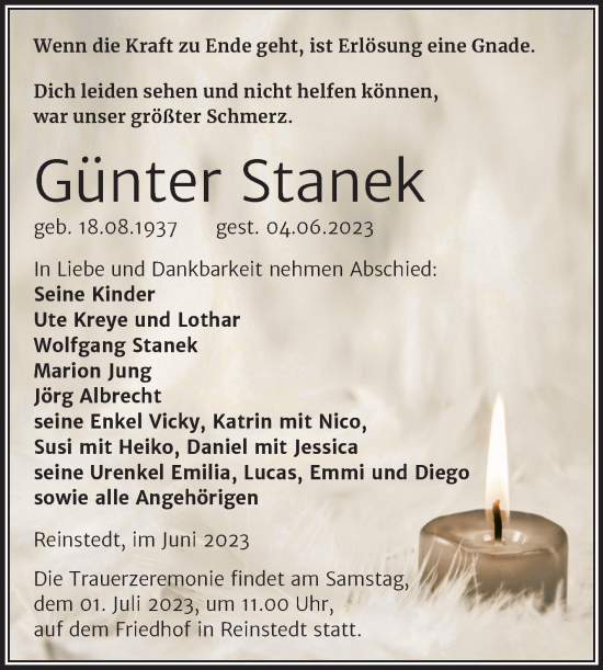 Traueranzeige von Günter Stanek von Trauerkombi Aschersleben