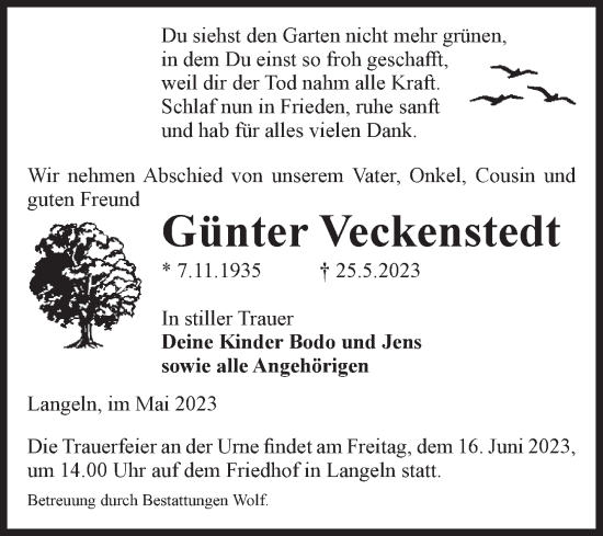 Traueranzeige von Günter Veckenstedt von Volksstimme Wernigerode