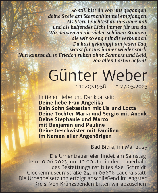 Traueranzeige von Günter Weber von Wochenspiegel Naumburg/Nebra