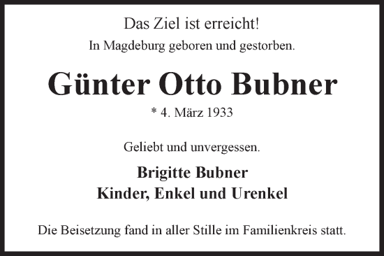 Traueranzeige von Günter Otto Bubner von Volksstimme Magdeburg