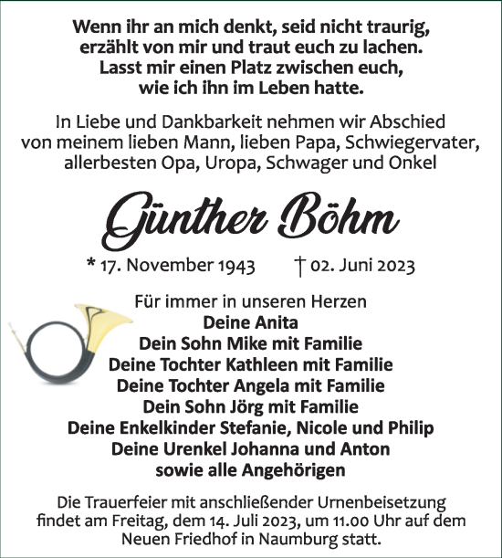 Traueranzeige von Günther Böhm von Wochenspiegel Naumburg/Nebra