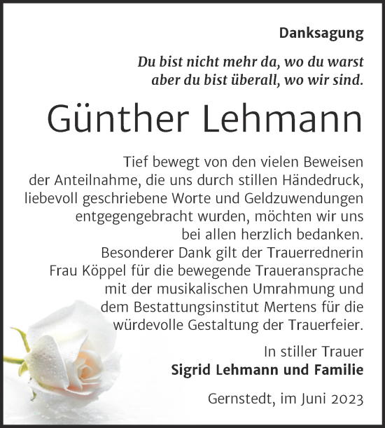 Traueranzeige von Günther Lehmann von Wochenspiegel Naumburg/Nebra