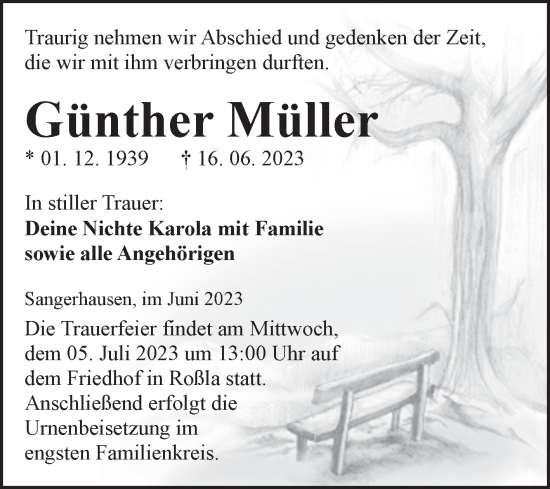 Traueranzeige von Günther Müller von Trauerkombi Sangerhausen