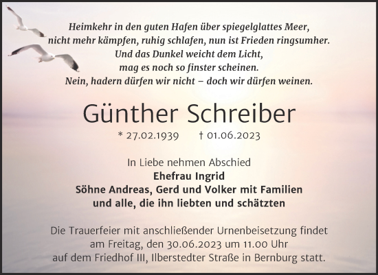 Traueranzeige von Günther Schreiber von Trauerkombi Bernburg