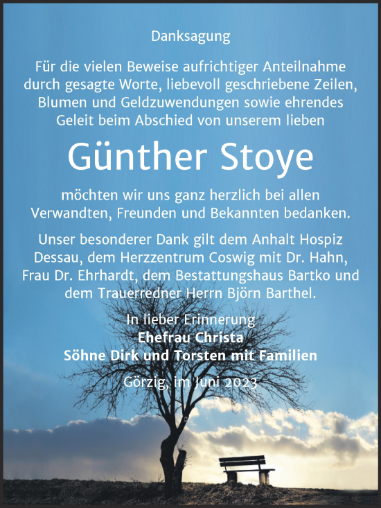 Traueranzeige von Günther Stoye von Trauerkombi Köthen