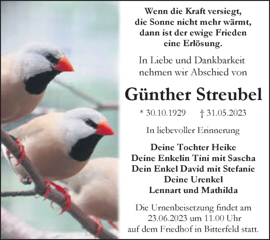 Traueranzeige von Günther Streubel von Trauerkombi Bitterfeld