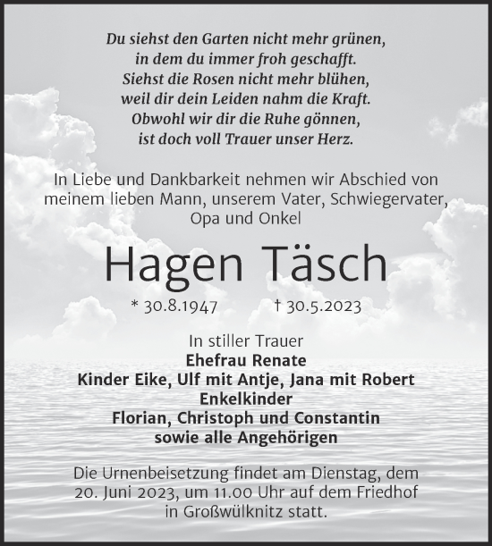 Traueranzeige von Hagen Täsch von Trauerkombi Köthen