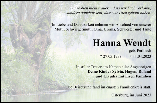 Traueranzeige von Hanna Wendt von Volksstimme Altmark Ost