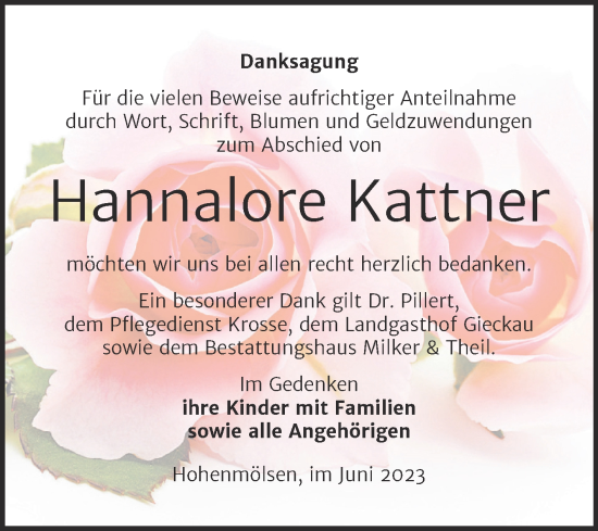 Traueranzeige von Hannalore Kattner von Trauerkombi Weißenfels