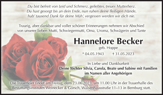 Traueranzeige von Hannelore Becker von Volksstimme Schönebeck