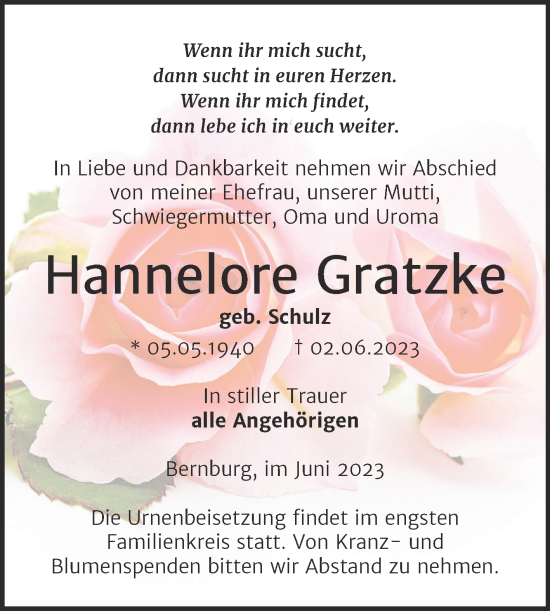 Traueranzeige von Hannelore Gratzke von Trauerkombi Bernburg