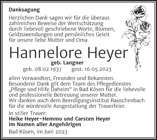 Traueranzeige von Hannelore Heyer von Naumburger Tageblatt