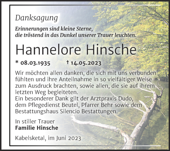 Traueranzeige von Hannelore Hinsche von Mitteldeutsche Zeitung Halle/Saalkreis