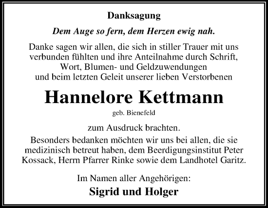 Traueranzeige von Hannelore Kettmann von Trauerkombi Dessau