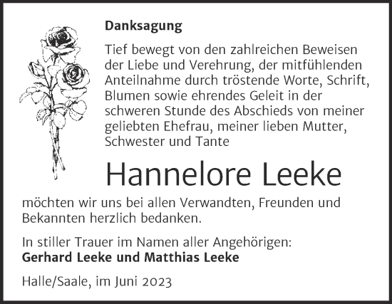 Traueranzeige von Hannelore Leeke von Mitteldeutsche Zeitung Halle/Saalkreis